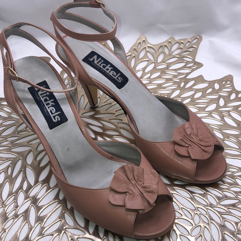 VINTAGE Nickels Made in Italy Pink Leather Upper Ankle Strap Heels Size 7